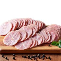 Mortadella thinly sliced and draped over a wooden serving board with a few cornichons and png
