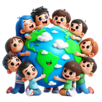 3D Cartoon people hugging the earth concept of earth day and climate change awareness png