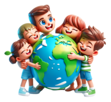 3D Cartoon people hugging the earth concept of earth day and climate change awareness png