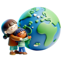 3D Cartoon people hugging the earth concept of earth day and climate change awareness png