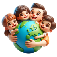 3D Cartoon people hugging the earth concept of earth day and climate change awareness png