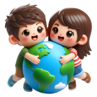 3D Cartoon people hugging the earth concept of earth day and climate change awareness png