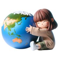 3D Cartoon people hugging the earth concept of earth day and climate change awareness png