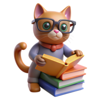 Cat perched on a stack of books, wearing reading glasses and looking studious, with a paw reaching out to turn a page png