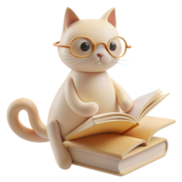 une 3d image de une chat entouré par livres, évoquant le aura de une dévoué prof ou enthousiaste étudiant png