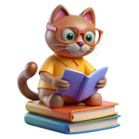 Cat perched on a stack of books, wearing reading glasses and looking studious, with a paw reaching out to turn a page png