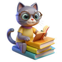 Cat perched on a stack of books, wearing reading glasses and looking studious, with a paw reaching out to turn a page png