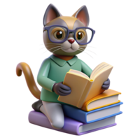 Cat perched on a stack of books, wearing reading glasses and looking studious, with a paw reaching out to turn a page png