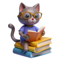 Cat perched on a stack of books, wearing reading glasses and looking studious, with a paw reaching out to turn a page png