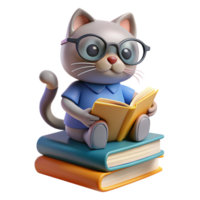 Cat perched on a stack of books, wearing reading glasses and looking studious, with a paw reaching out to turn a page png