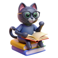 Cat perched on a stack of books, wearing reading glasses and looking studious, with a paw reaching out to turn a page png