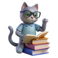 gatto arroccato su un' pila di libri, indossare lettura bicchieri e guardare studioso, con un' zampa raggiungendo su per girare un' pagina png
