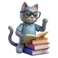 Cat perched on a stack of books, wearing reading glasses and looking studious, with a paw reaching out to turn a page png