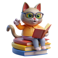 Katze thront auf ein Stapel von Bücher, tragen lesen Brille und suchen fleißig, mit ein Pfote erreichen aus zu Wende ein Seite png