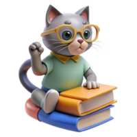 Cat perched on a stack of books, wearing reading glasses and looking studious, with a paw reaching out to turn a page png