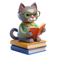 Cat perched on a stack of books, wearing reading glasses and looking studious, with a paw reaching out to turn a page png