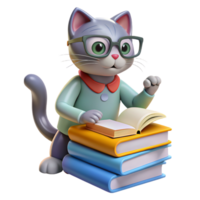 Cat perched on a stack of books, wearing reading glasses and looking studious, with a paw reaching out to turn a page png