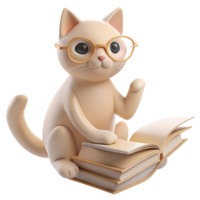 A 3D Image of a Cat Surrounded by Books, Evoking the Aura of a Dedicated Teacher or Enthusiastic Student png