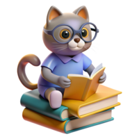 gato encaramado en un apilar de libros, vistiendo leyendo lentes y mirando estudioso, con un pata alcanzando fuera a giro un página png