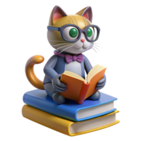 Cat perched on a stack of books, wearing reading glasses and looking studious, with a paw reaching out to turn a page png