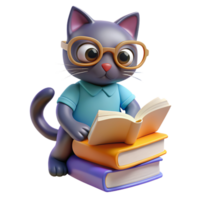 Cat perched on a stack of books, wearing reading glasses and looking studious, with a paw reaching out to turn a page png
