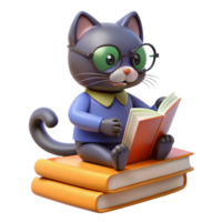 Cat perched on a stack of books, wearing reading glasses and looking studious, with a paw reaching out to turn a page png