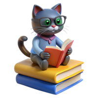 Cat perched on a stack of books, wearing reading glasses and looking studious, with a paw reaching out to turn a page png