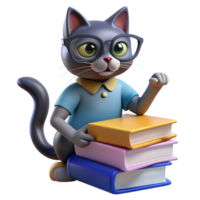 Cat perched on a stack of books, wearing reading glasses and looking studious, with a paw reaching out to turn a page png