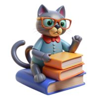 Cat perched on a stack of books, wearing reading glasses and looking studious, with a paw reaching out to turn a page png