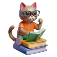 Cat perched on a stack of books, wearing reading glasses and looking studious, with a paw reaching out to turn a page png