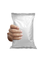 Foil food package mockup in hand, transparent background png