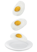 gebakken eieren vallend omlaag. met een bord Bij de onderkant, transparant achtergrond png