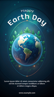 A poster for Earth Day with a blue globe and green leaves psd