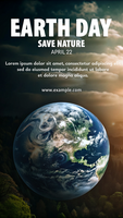 Earth Day poster with a blue and green planet with a forest in the background psd