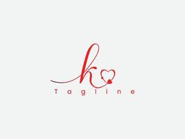 Handwritten k letter logo design with love. Love k letter logo. vector