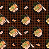 Flat lay seamless pattern of japanese soup Ramen and its ingredients variety vector