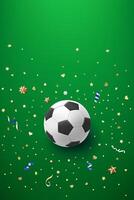 Soccer ball on green background with confetti. 3d banner with copy space vector