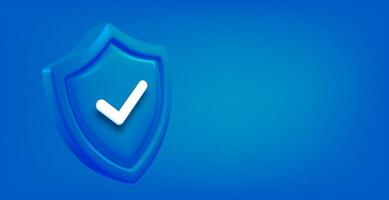 Blue shield with checkmark. 3d banner with copy space vector