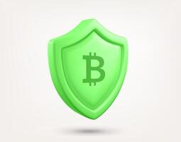 Green shield with bitcoin sign isolated on white background. 3d illustration vector