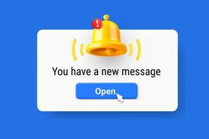 New message concept. Notification bell with exclamation point. 3d illustration vector