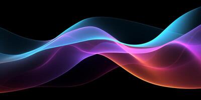 AI Generated Abstract Colorful Wave Design. Dynamic Neon Light Waves On Dark Background. Neon Ribbons In Purple And Blue Color. Generative AI photo