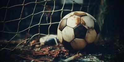 AI Generated Vintage Classic Soccer Leather Ball in Net. Retro Old Dirty Soccer Ball in Net. Generative AI photo