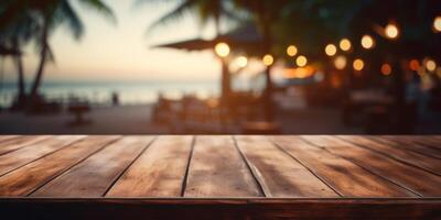 AI Generated Tropical Beachfront Wooden Table for Product Placement. Wooden Surface for Outdoor Product Display. Generative AI photo