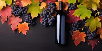 ai generado vino botella con uvas y otoño hojas en oscuro antecedentes. otoño cosecha. generativo ai foto
