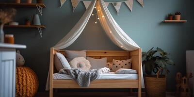 AI Generated Child Room With Cozy Canopy Bed And Warm Lights. Nursery With Wooden Crib And Decorative Pillows. Generative AI photo