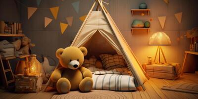 ai generado acogedor para niños habitación con felpa oso y jugar carpa. calentar niños jugar área. generativo ai foto