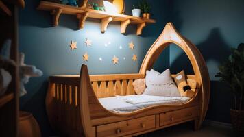 AI Generated Baby Bedroom With Wood Bed And Blue Walls. Nursery Room With Moon Crib And Wooden Star Decorations. Generative AI photo