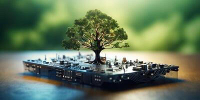 ai generado árbol creciente desde circuito electrónico tarjeta madre, símbolo de fusión de naturaleza y tecnología. Respetuoso del medio ambiente tecnología generativo ai foto