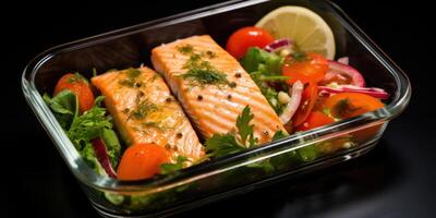 AI Generated Freshly Prepared Salmon Fillet Meal With Vegetables In Glass Container. Balanced Diet. Healthy Grilled Salmon. Generative AI photo