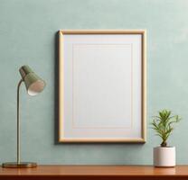 Modern Interior With Empty Picture Frame Mockup, Lamp, Potted Plant on Wooden Table. Minimalist Workspace Setup. photo